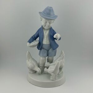 6377/A Gerold Porzellan Porcelain Figurine Farm Boy Feeding Three Chickens